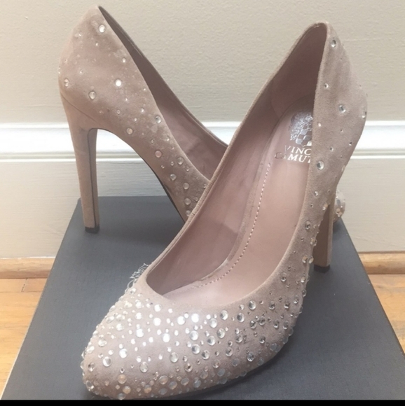 Vince Camuto Suede Rhinestone Round Toe Heels - Picture 2 of 7